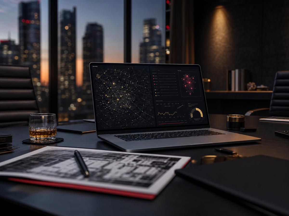 Executive security analysis desk with abstract network intelligence dashboard