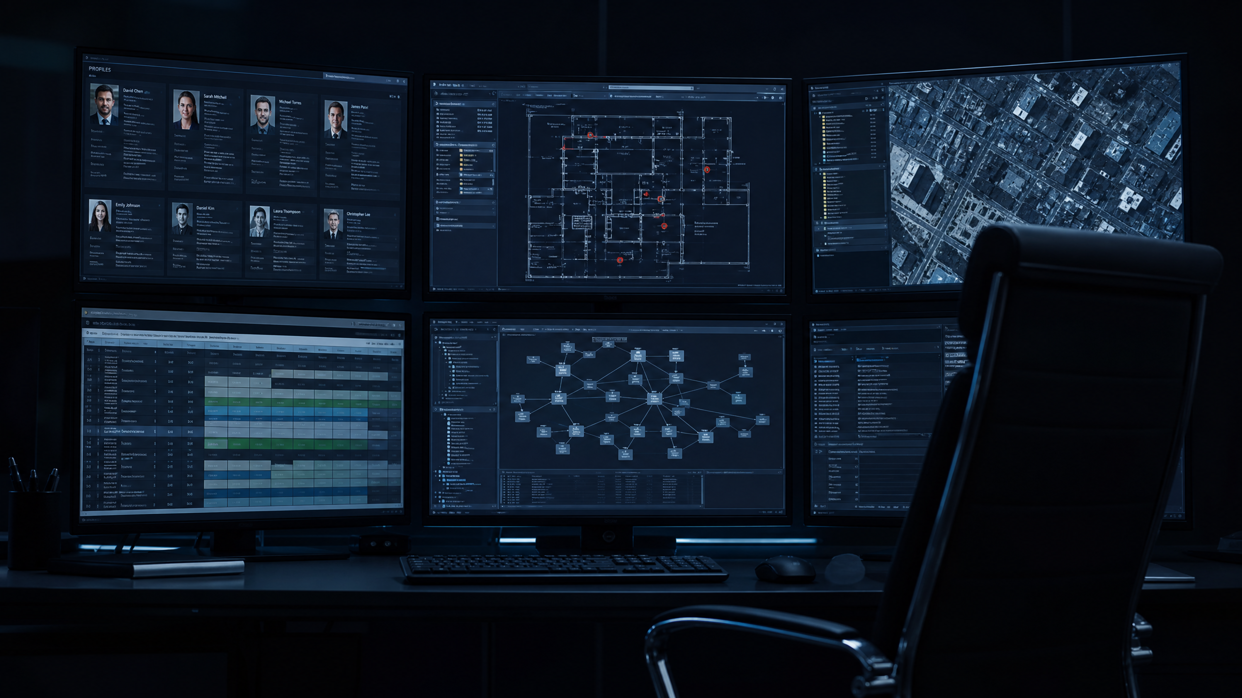 Security operations room with multiple monitoring screens